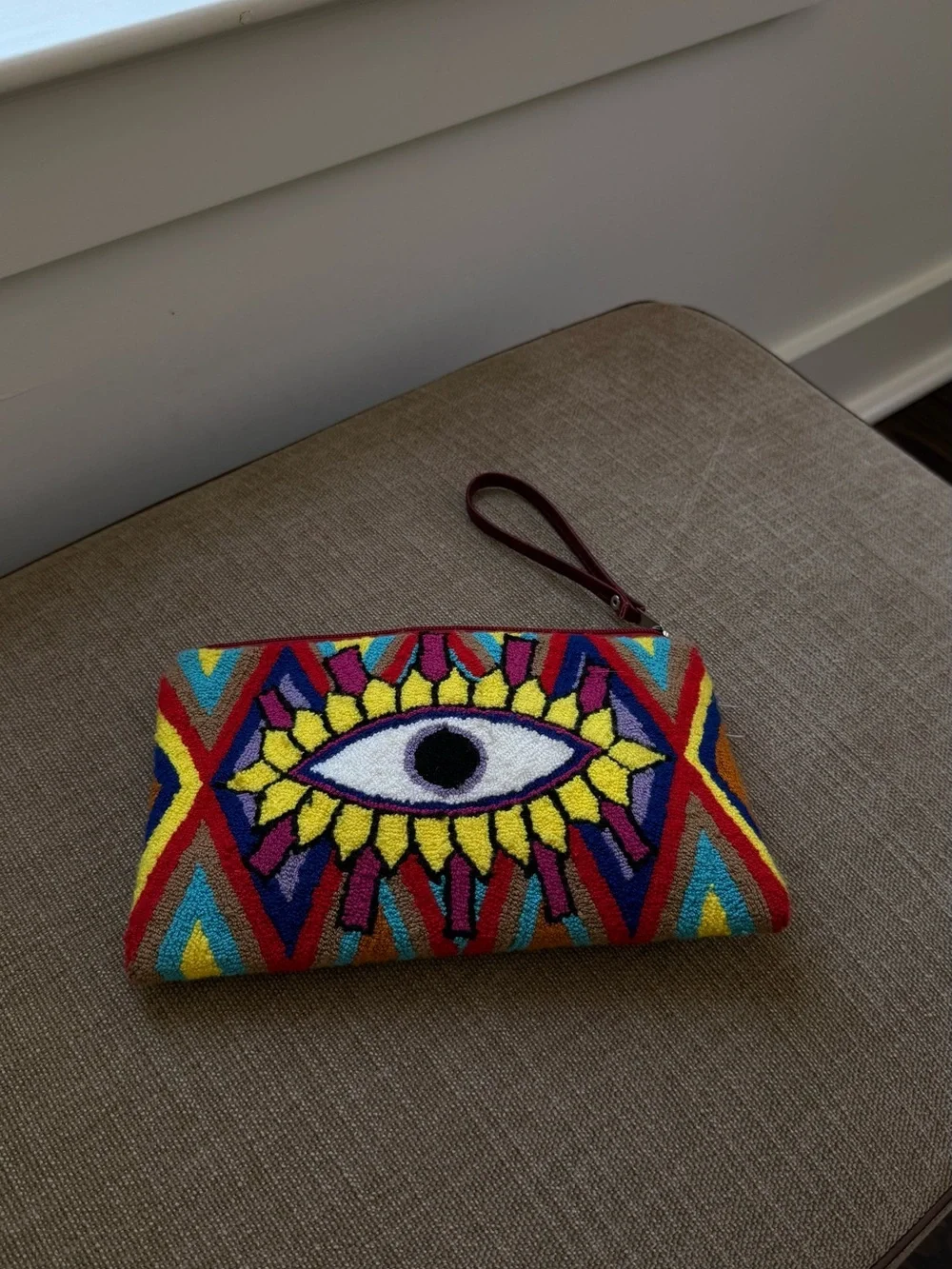 Colorful Stitched Wristlet Clutch with Evil Eye Motif